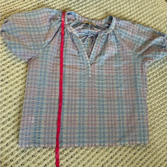 LOFT Blue & Lavender Pastel Gingham Tie-Neck Puff Sleeve Blouse Women’s Size L - Picture 10 of 11